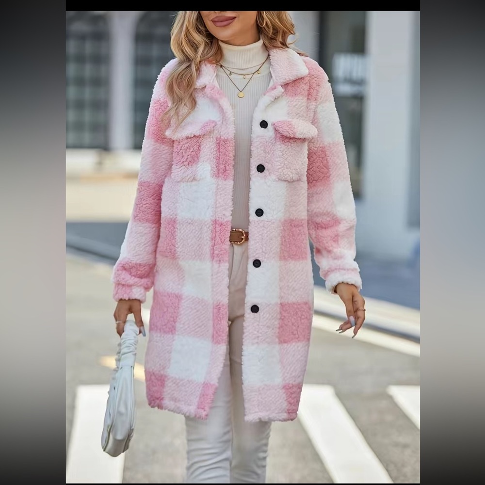 Plaid Pattern Teddy Coat, Casual Button Front Long Sleeve Outerwear, - Picture 2 of 5